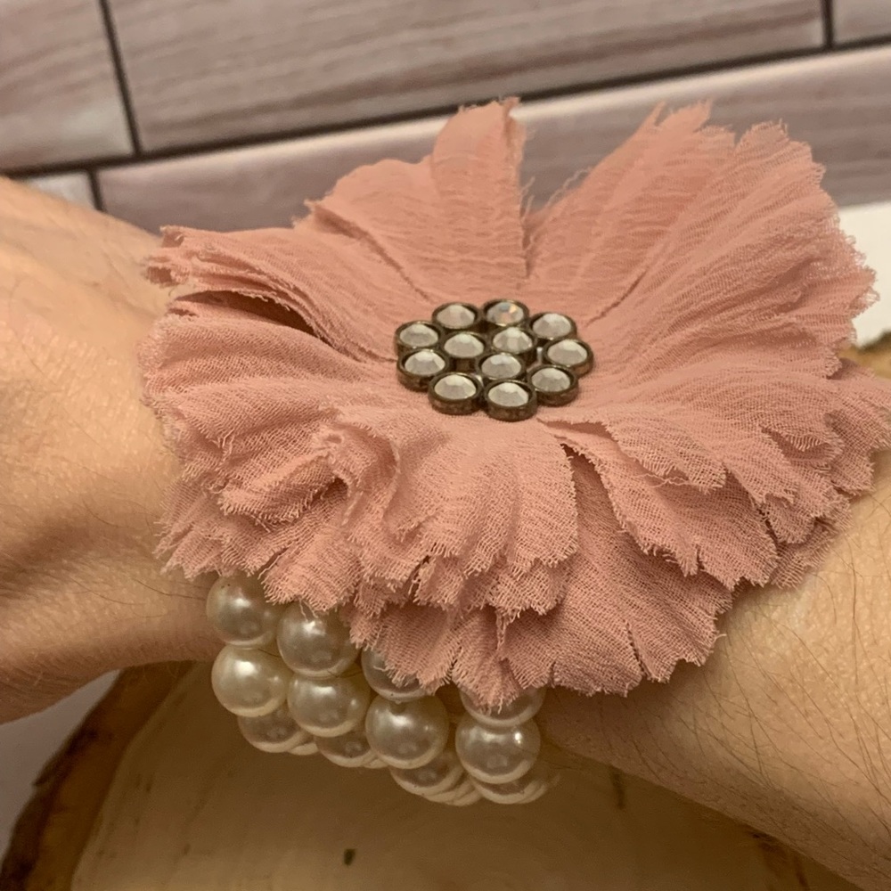 Faux Pearl and Fabric Flower Bracelet